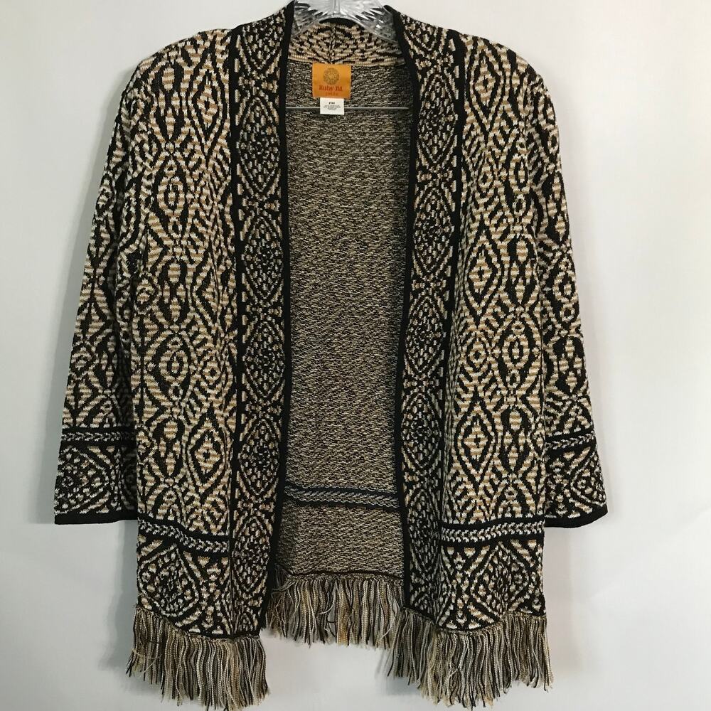 Ruby Rd Sweater Petite Medium Womens Sweater Boho Retro Hippie Fringe Black Wh